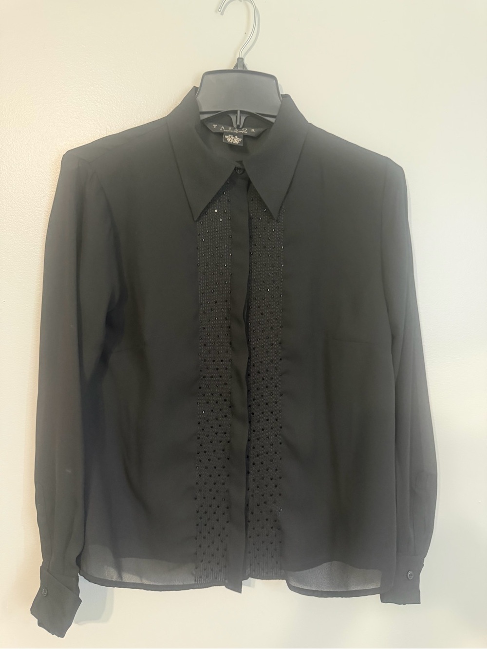 Tailor B Moss Vintage Black Sheer Button-Up Blouse  Embellished Beaded Front S